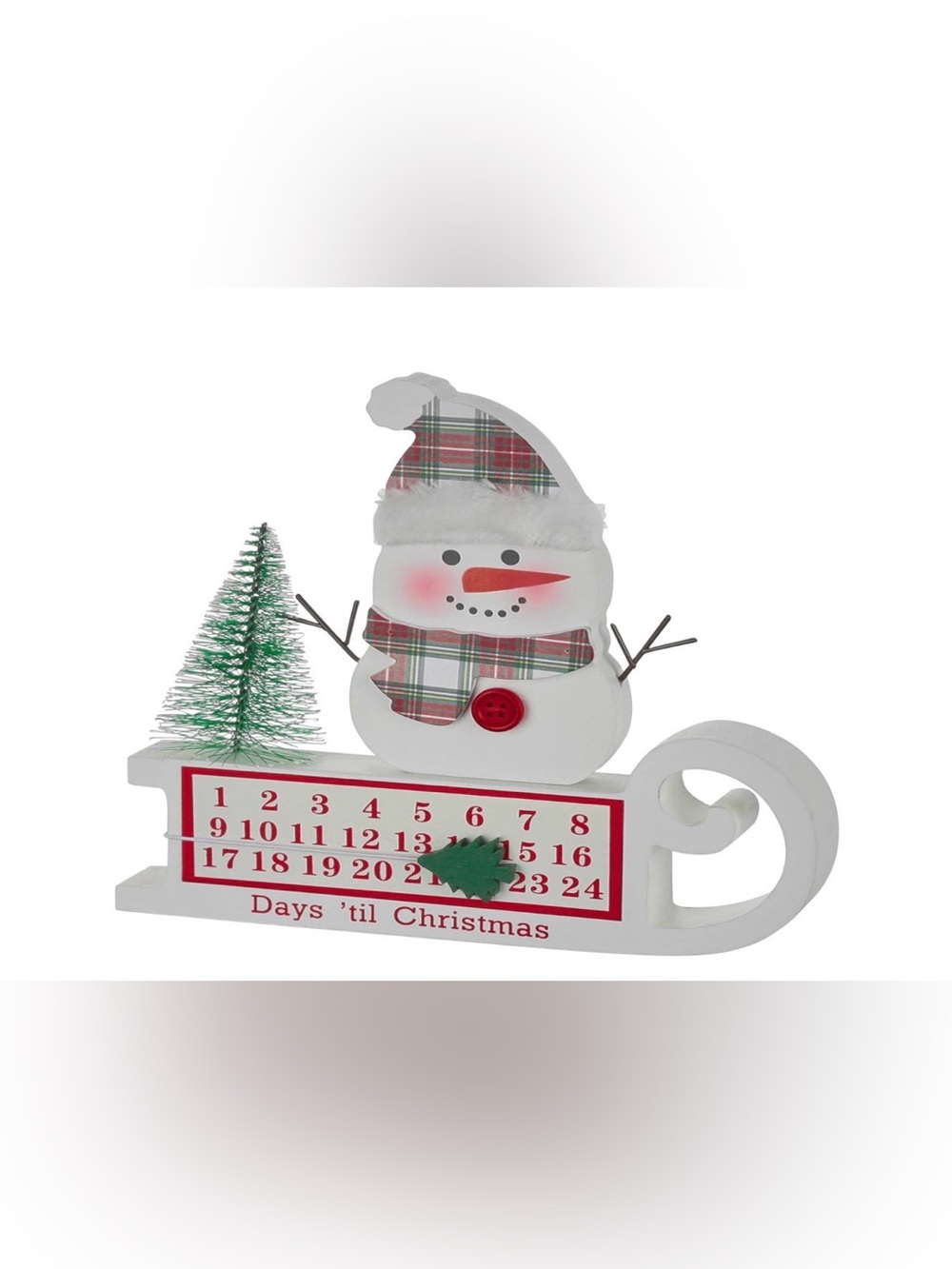 White Snowman Countdown Sled with Red Plaid Accents Newl